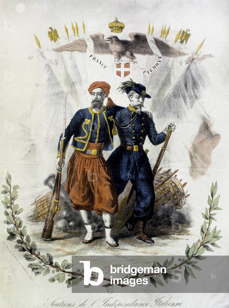France and Piemont, supporters of Italian independence - coul. engraving, 19th century