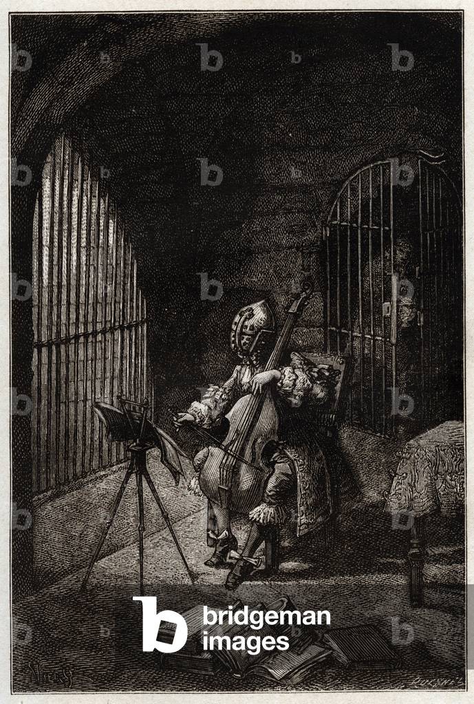 Man in the Iron Mask, playing the cello in prison - L'homme au Mask de fer (died 1703) dans sa prison en jouant du cello - engraving from “” Histoire de France”” by Jules Michelet - 1876-1877 -