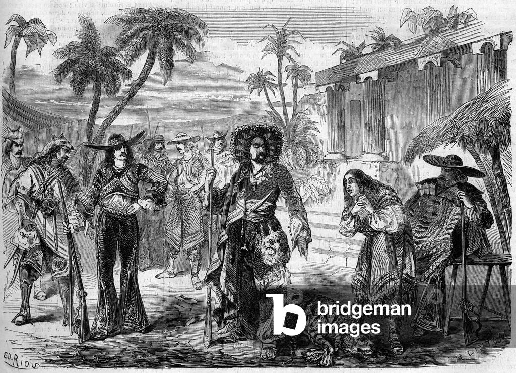 Theatrical representation of “” Les Pirates de la Savane”” (first act, third painting) by Auguste Anicet Bourgeois (1806-1871) and Ferdinand Dugue. Paris, Theatre de la Gaite, 1859. Engraving in “” Le Monde Illustré”” n°124 of 27 August 1859.