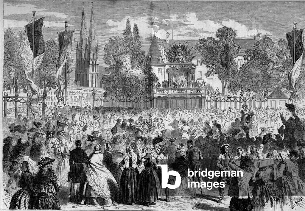 Breton Ball on the Battlefield at Quimper (Finistere, 29) in the presence of Napoleon III (1808-1873) and the Impress Eugenie (1826-1920). Engraving in “” Le Monde Illustré”” n°72 of August 28, 1858.