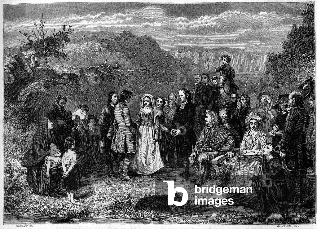 A marriage of Puritans (Presbyterians) in Scotland. Engraving by Freeman in “” Le Magasin picturesque””, 1852.