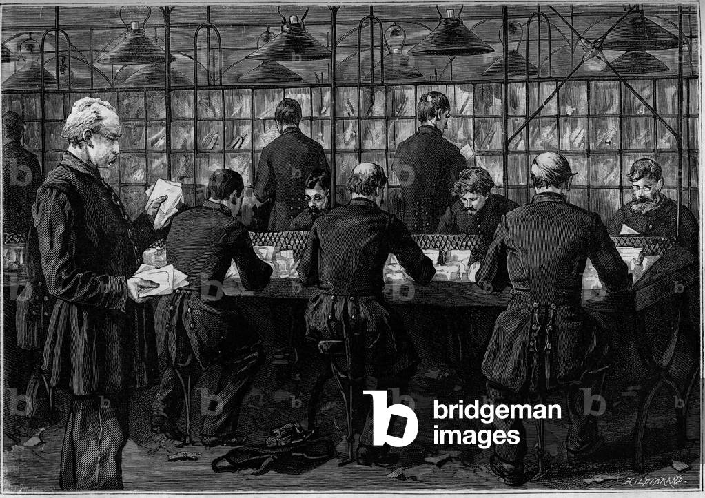 The sorting of correspondence in an office of the Hotel des Postes in the Rue du Louvre in Paris. Engraving in the journal “” La jeunesse””, 1886.