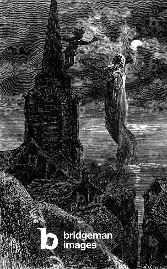 He appeared on the bell tower of the church. Engraving illustrating the novel “Fire and Flame” by Zenaide Fleuriot. In “Le Journal de la jeunesse”, 1884.