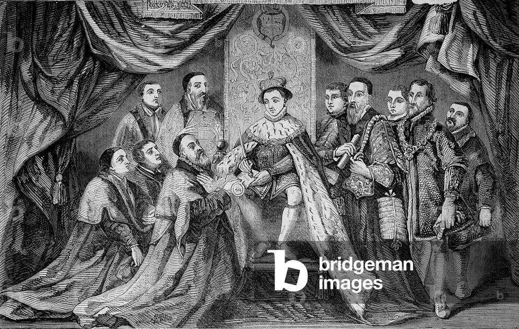 Edward VI (1547 -1553), King of England, granting a privilege by signing a charter to Bridewell - according to Hans Holbein.