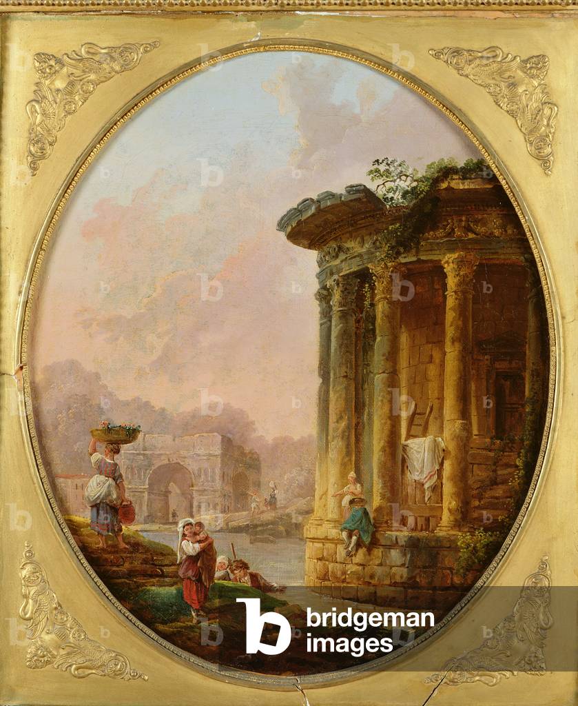 Image of Painting depicting Temple of Vesta and the Arch of Janus Quadrifons (oil on canvas) by Hubert Robert