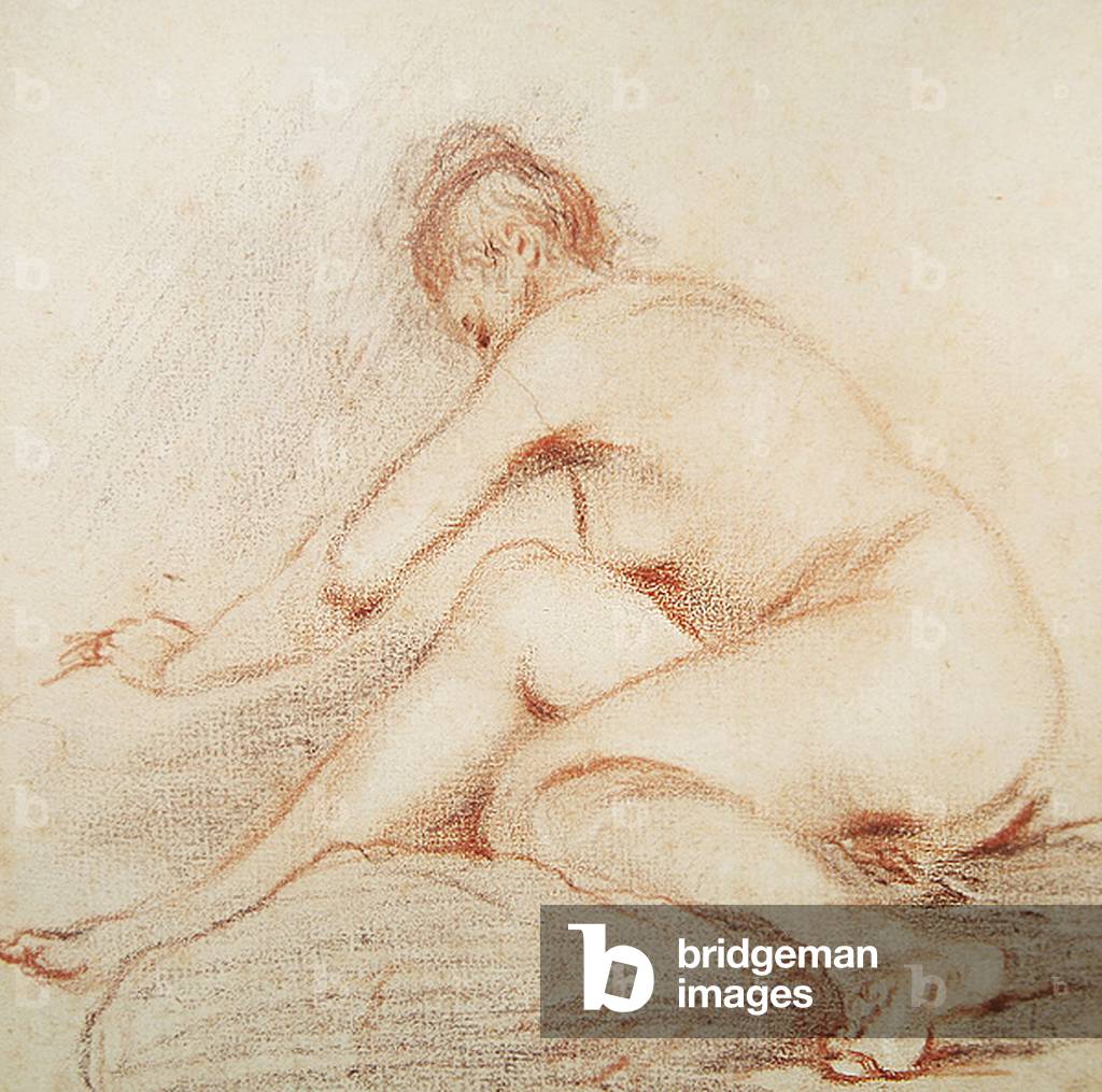 Immagine di Disegno "Donna nuda (carboncino e gesso rosso su carta)", 18th Secolo di Jean Antoine Watteau, b/w