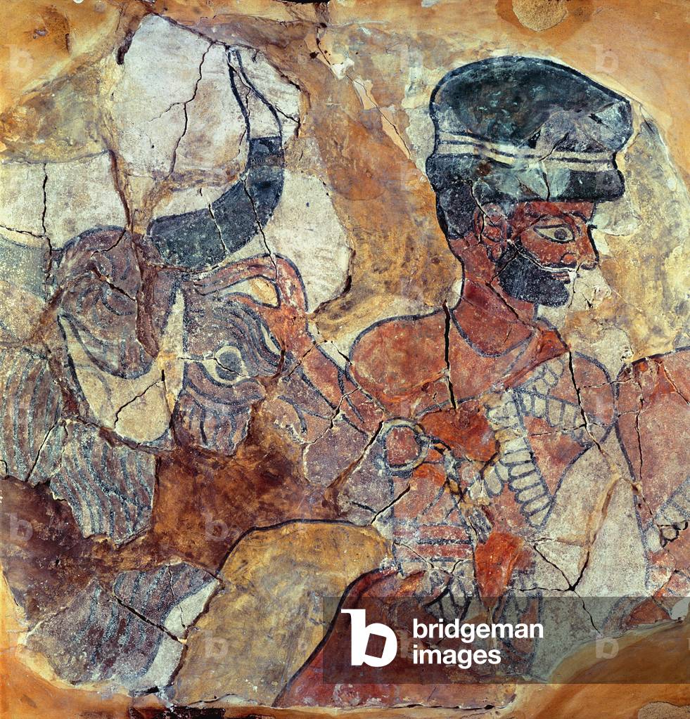 A priest leading a bull to sacrifice, from the Palace of Zimri-Lim, Mari, Middle Euphrates (wall painting)