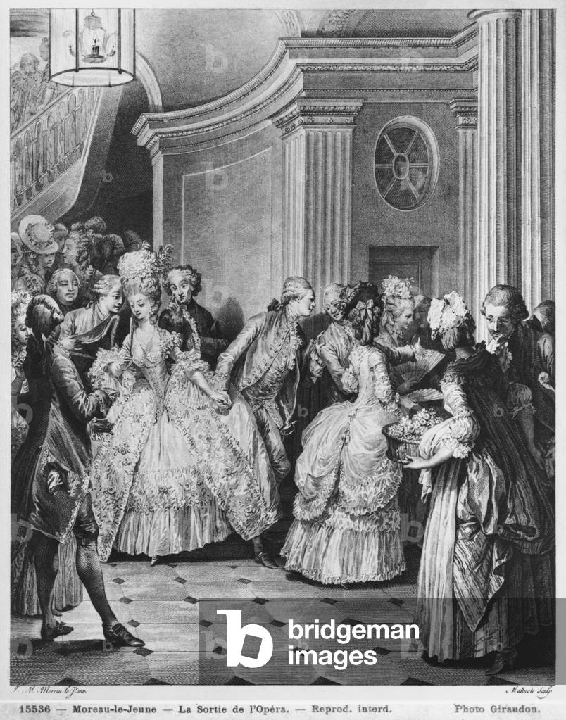 Image of Engraving depicting Coming out of the Opera, 18th century by Jean Michel the Younger Moreau, b/w