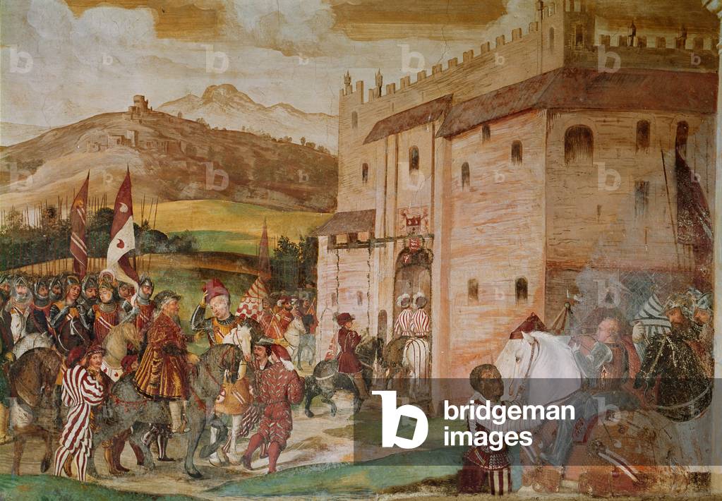 Immagine di Affresco "Ricevimento del Re Cristiano I di Danimarca dal condottiere", 16th Secolo di Girolamo Ro