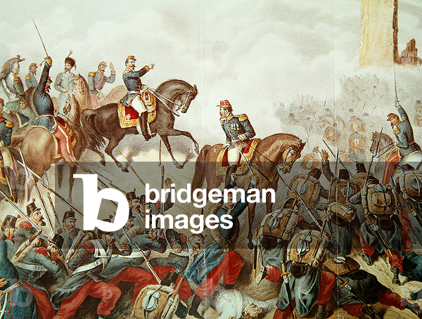 Die Piemontesen und die Franzosen bei der Schlacht von San Martino 1859 (Farbgravur)