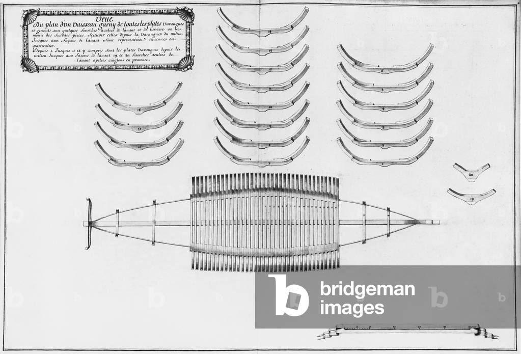 Plan of a vessel with all its floor plates, illustration from the 'Atlas de Colbert', plate 6 (pencil & watercolour on paper)