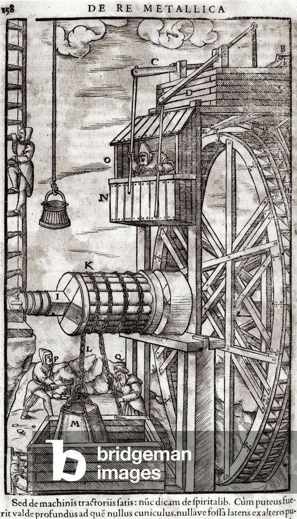 Treuil pour obtenir de l'eau d'une mine, illustration de 'De Re Metallica' de Georg Bauer (1494-1566) connu so