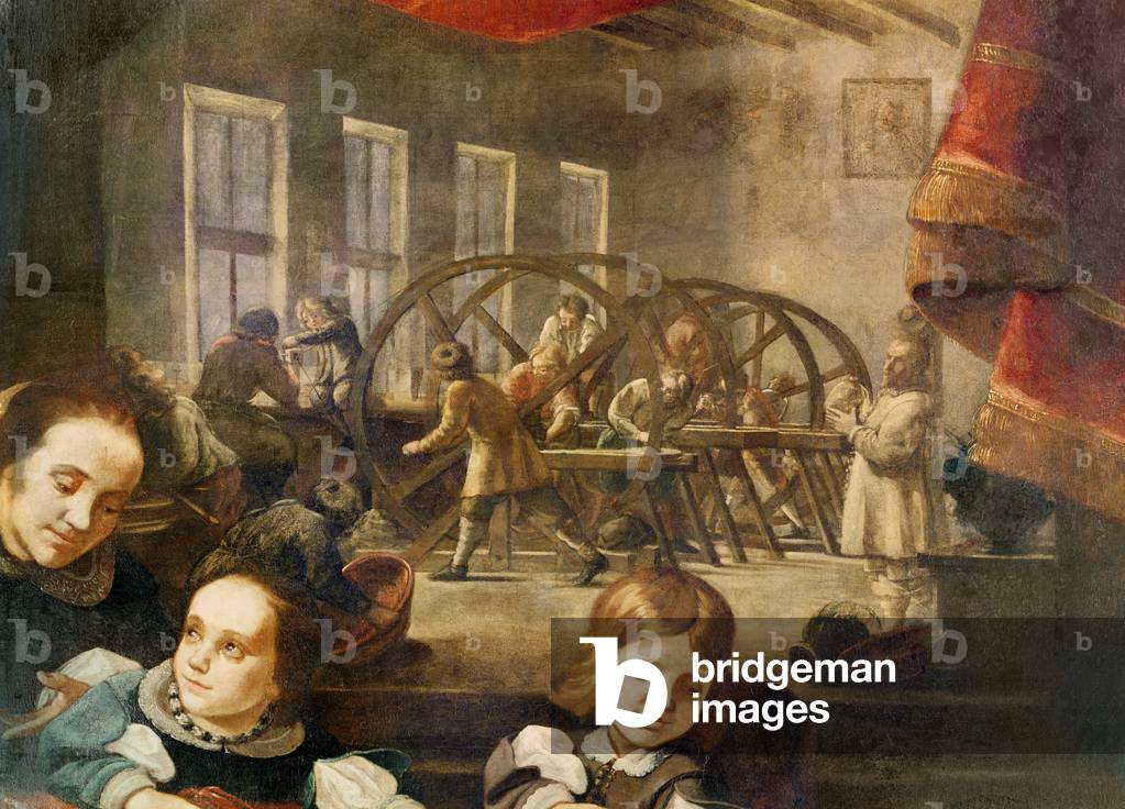 Detail from a portrait of precious stone cutter Dyonis Miseroni and family, showing engraving on glass in his workshop, 1653 (oil on canvas)