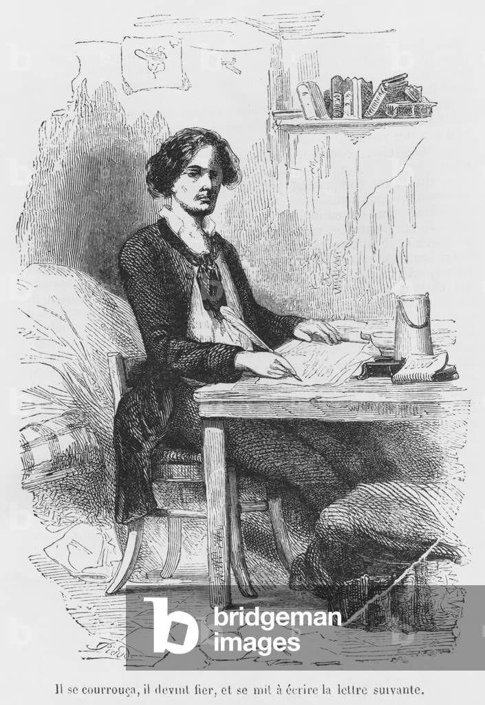 Lucien de Rubempre writing a letter, illustration from 'Les Illusions perdues' by Honore de Balzac, engraved by Antoine Alphee Piaud (19th century) (engraving) (b/w photo)