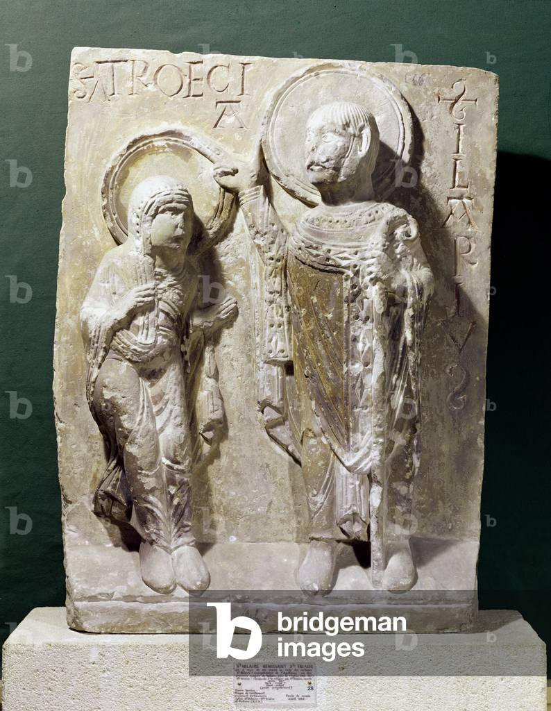 Relief depicting St. Hilary of Poitiers (320-368) blessing St. Triaise, c.1150 (stone)