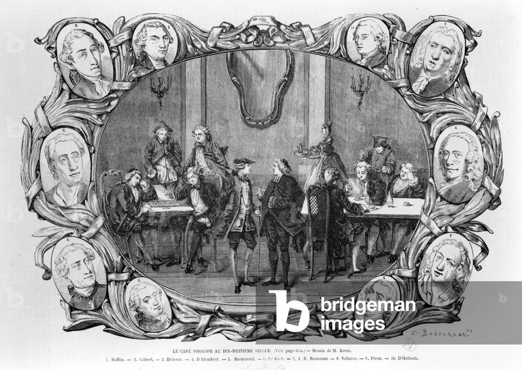 The Procope cafe in Paris : inset are philosopher Buffon, Gilbert, Diderot, d'Alembert, Marmontel, Le Kain, Jean J acques Rousseau, Voltaire, Piron, d'Holbach , engraving by E. Badoureau after M. Kretz (engraving)