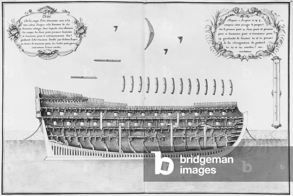 Cross-section of a launched vessel, illustration from the 'Atlas de Colbert', plate 31 (pencil & watercolour on paper)