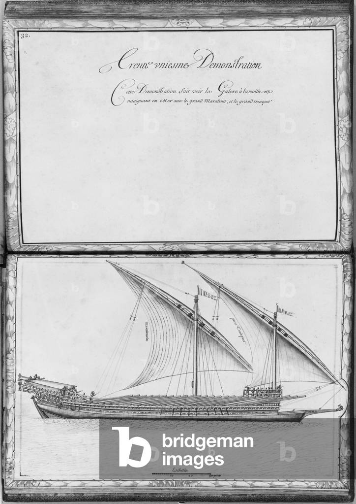 A seaworthy galley, thirty-first demonstration, plate 32, illustration from 'Demonstrations de toutes les pieces de bois, cloux et ferremens qui entrent dans la construction d'une galere...' (pencil & watercolour on paper)