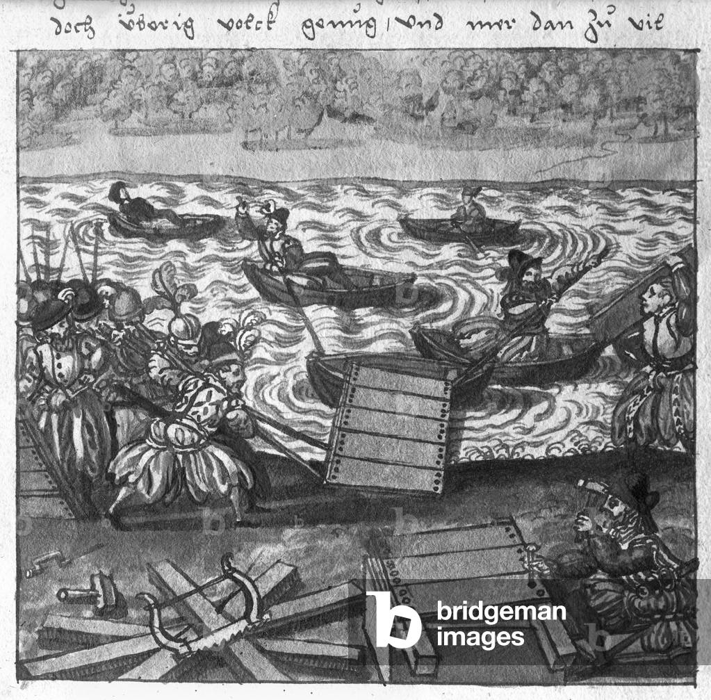 Constructing a Bridge on Water, illustration from 'L'Art de l'Artillerie' by Wolff de Senftenberg, late 16th century (pencil and watercolour on paper)