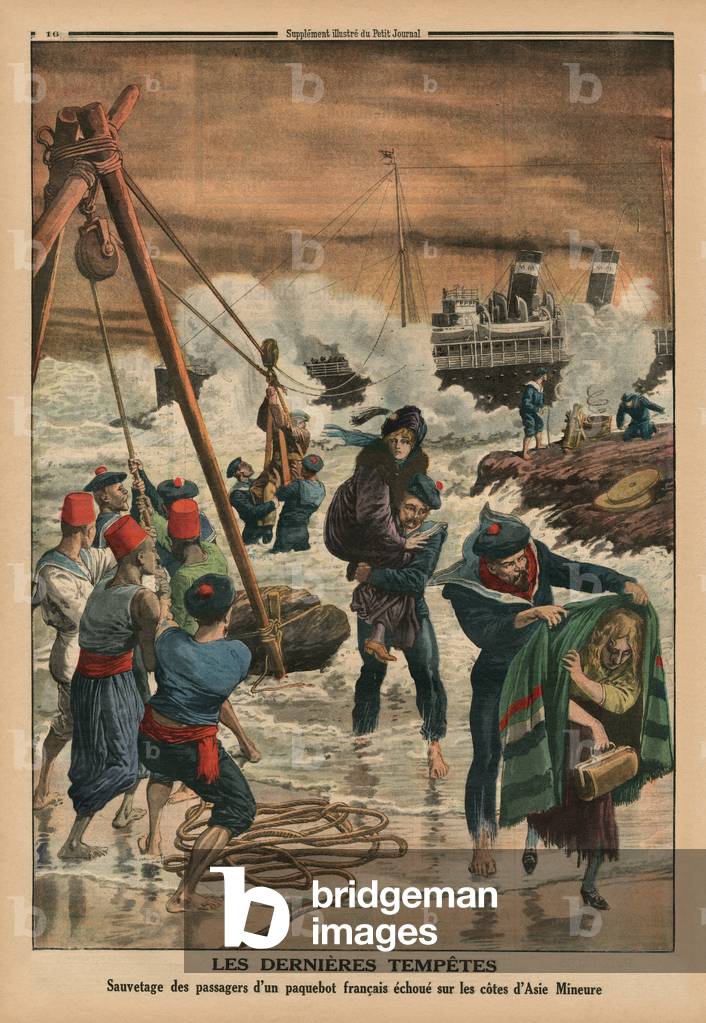 The last sea storms, rescuing the passengers of a French liner lying on the coast of Asia Minor, back cover illustration from 'Le Petit Journal', supplement illustre, 11th January 1914 (lithograph)