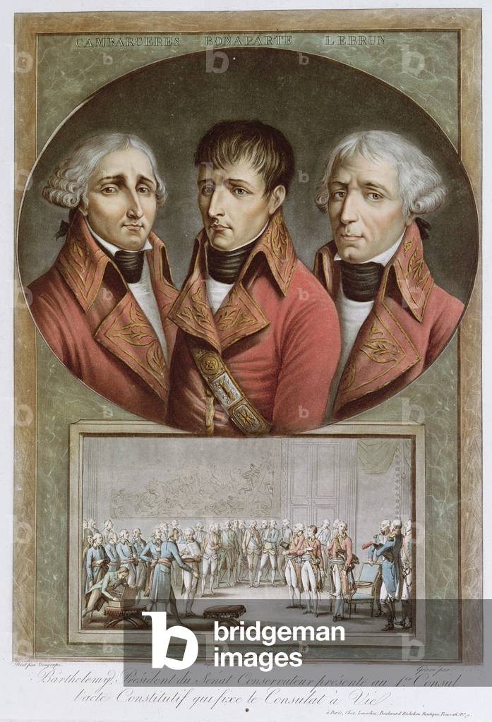 Portrait of the Three Consuls of the Republic and Barthelemy Presenting the Consitutional Act Proclaiming Napoleon I as Emperor for Life to the Premier Consul, 2nd August 1802, engraved by Charles Francois Levachez (1760-1820) (coloured engraving)