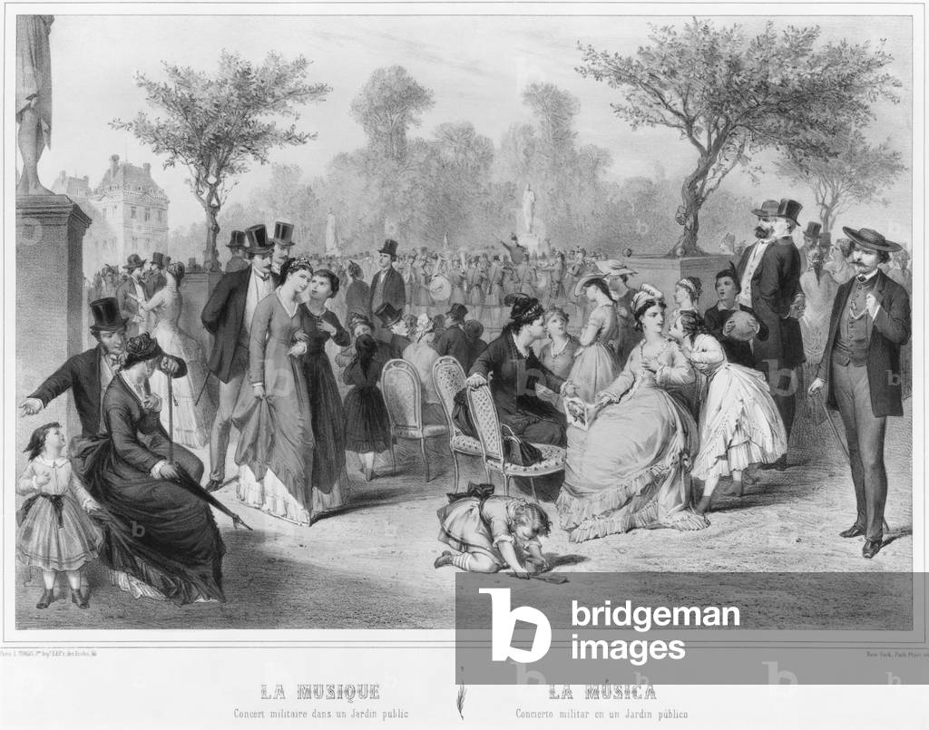 Music, military concert in a public garden (lithograph)