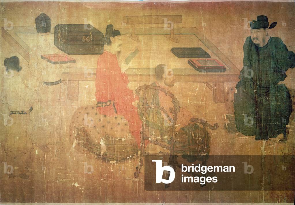 Tre uomini benestanti di Lieou-Li T'ang in conversazione (inchiostro su seta) (dettaglio di 200034)