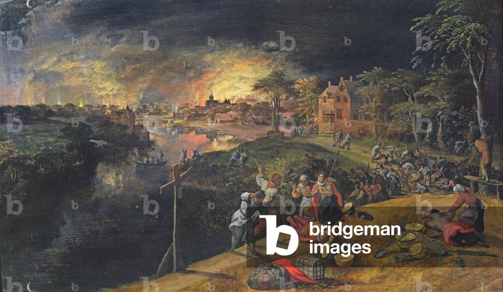 scena di una guerra con un fuoco, 1569 (olio su pannello)