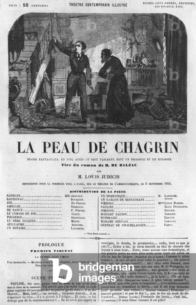 Raphael de Valentin and the shopkeeper, illustration from 'La Peau de Chagrin', drama adapted from the novel by Honore de Balzac (1799-1850) (engraving) (b/w photo)