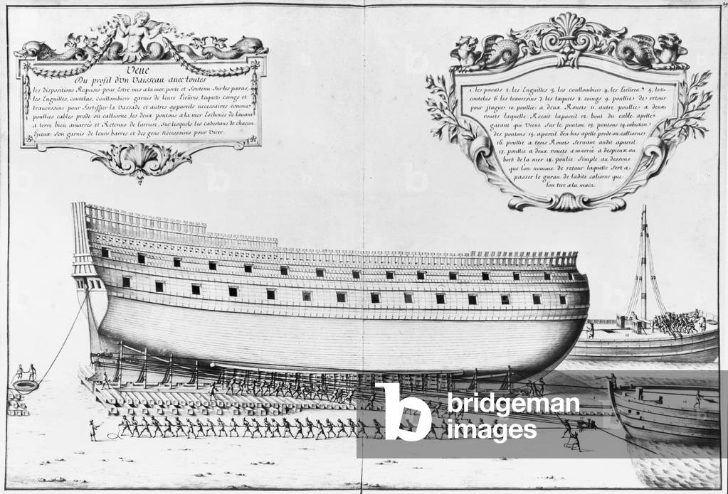 Profile of a vessel getting ready to launch, illustration from the 'Atlas de Colbert', plate 29 (pencil & watercolour on paper)