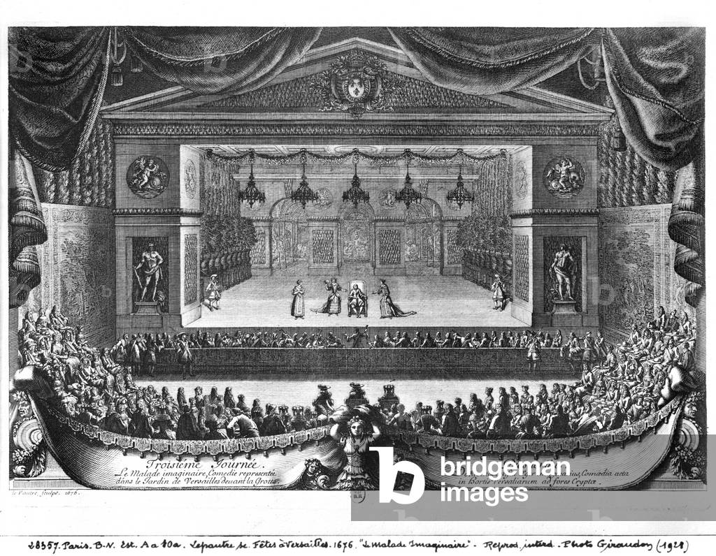 The Third Day, from 'La Malade Imaginaire' by Moliere (1622-73) performed in the garden at Versailles, 1676 (engraving) (b/w photo)