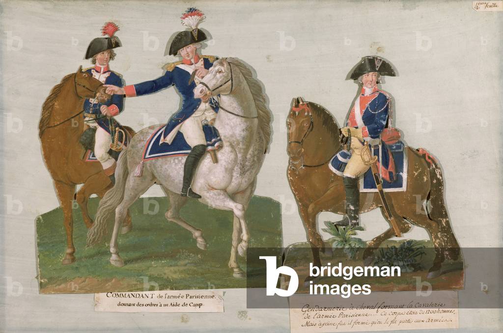 "Armeekommandant und Offizier der berittenen Polizei (Gouache auf Karte)", 18. Jahrhundert von Lesueur Brother