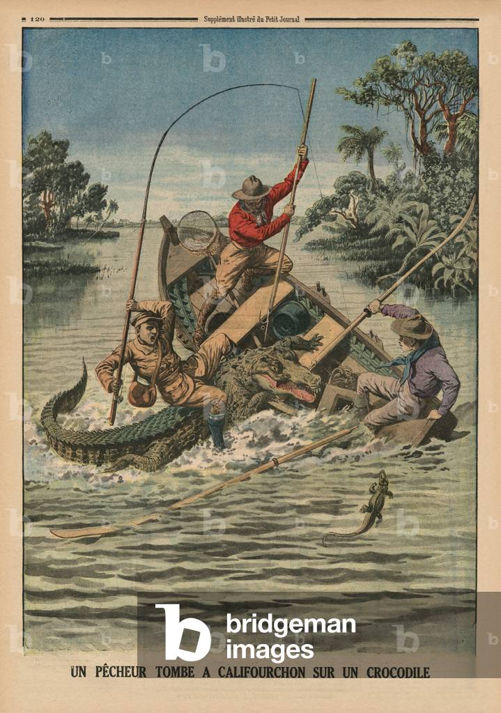 A fisherman astride a crocodile, back cover illustration from 'Le Petit Journal', supplement illustrze, 12th April 1914 (lithograph)