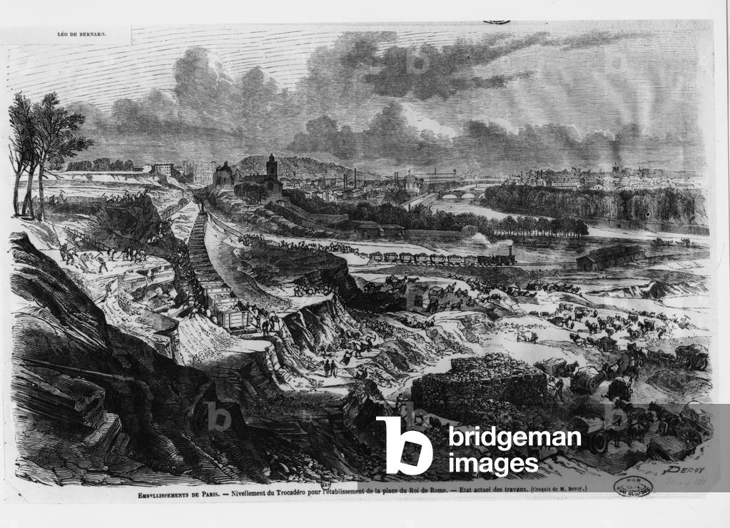 Levelling of the Chaillot Hill for the building of Roi de Rome place in 1812-13 (engraving) (b/w photo)