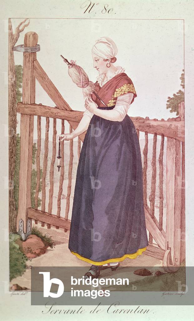 Costume of a servant from Carentan, printed by Georges Jacques Gatine (coloured engraving)