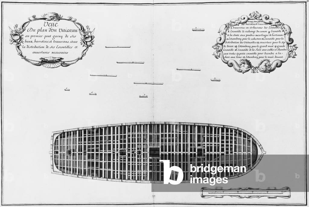 Plan of the first deck of a vessel, illustration from the 'Atlas de Colbert', plate 19 (pencil & watercolour on paper)