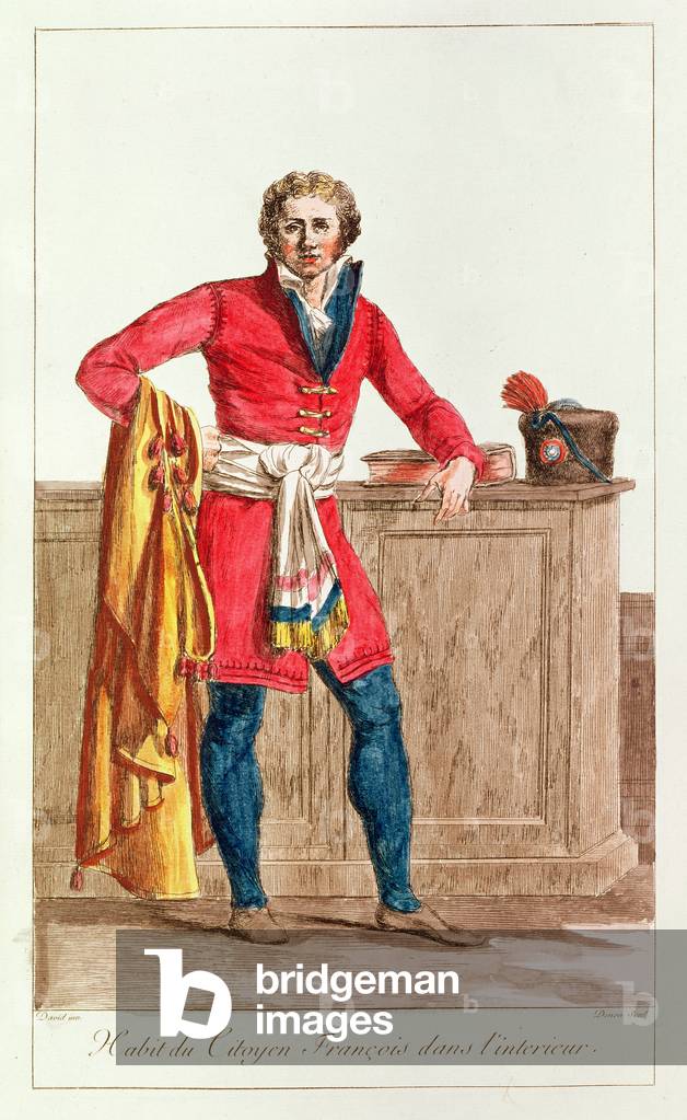 Civilian costume for a French citizen for indoors, engraved by Vivant Dominique Denon (coloured engraving)