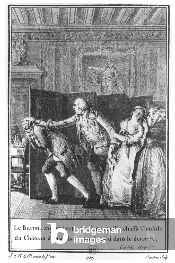 illustration from chapter 1 of 'Candide' by Francois Voltaire (1694-1778) engraved by Jean Dambrun (1741-p.1808) 1787 (engraving)