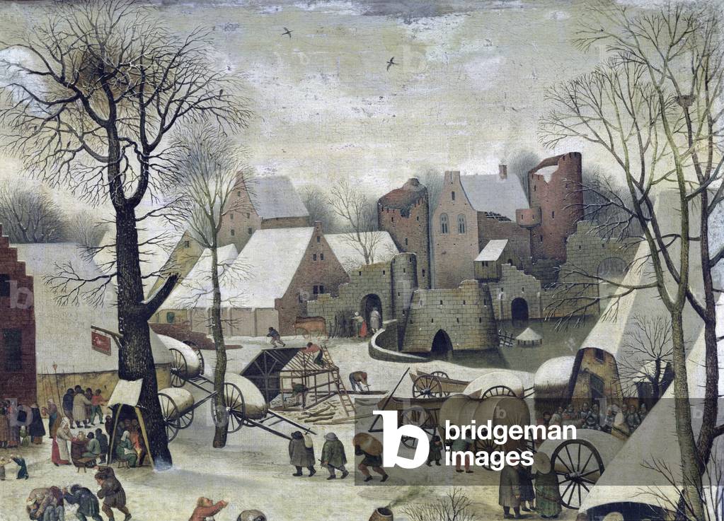 The Census at Bethlehem, detail of the houses and fortifications (oil on canvas)