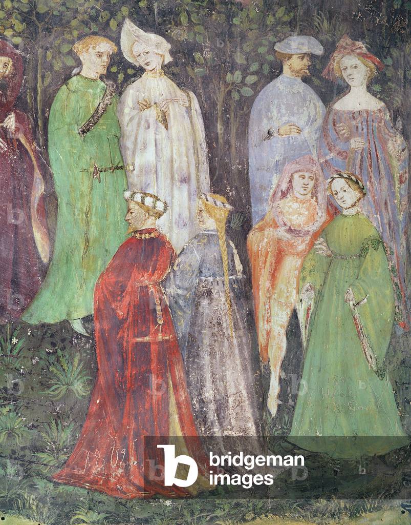 The Month of June, detail of noblemen and women walking, c.1400 (fresco)
