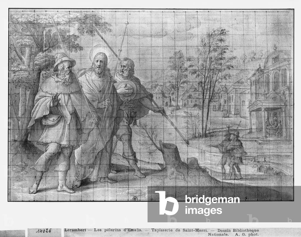 Life of Christ, Christ on the road to Emmaus, preparatory study of tapestry cartoon for the Church Saint-Merri in Paris, c.1585-90 (pierre noire & wash & white highlights on paper)