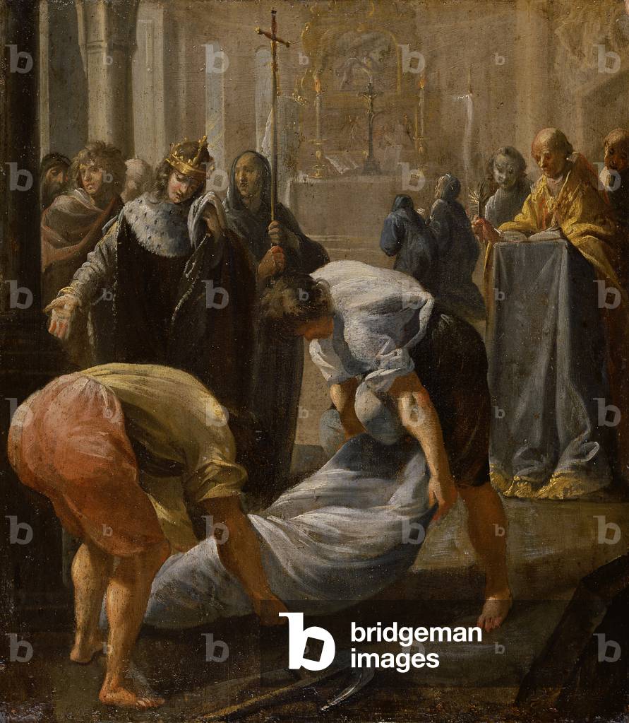 The Shrouding of Abbot Suger (1081-1151) in the Basilica of St. Denis in Paris, in the presence of King Louis VII (1120-80) of France, in 1152 (oil on panel)