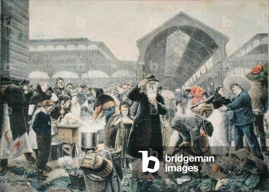 Soup Stand at Les Halles Market in the Morning, illustration from 'Le Petit Journal', 2nd March 1897, engraved by Fortune-Louis Meaulle (1844-1901) (colour litho)