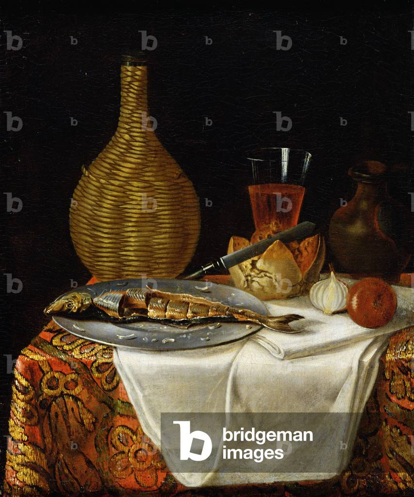 Still Life of a Herring and Flask (oil on canvas)