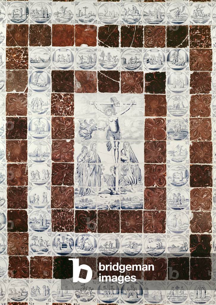 Delft tiles depicting the Crucifixion with a border of tiles with scenes from the Old and New Testaments (ceramic)