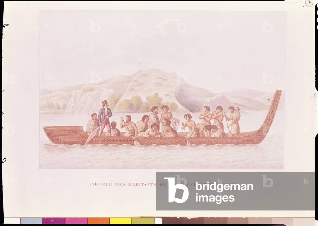 Dugout canoe piloted by natives of New Zealand, illustration from 'Voyage Around the World in the Corvette La Coquille' by Louis Isidore Duperry (1786-1865) (lithograph)