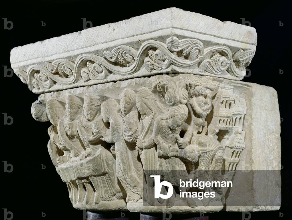 La morte di San Giovanni Battista, rilievo da un capitello, XII secolo (pietra)