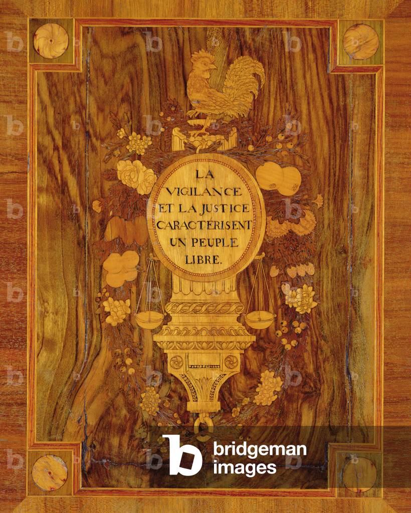 Sideboard with a marquetry detail of a revolutionary coat of arms, emblems and devices of Vigilance and Justice (wood)