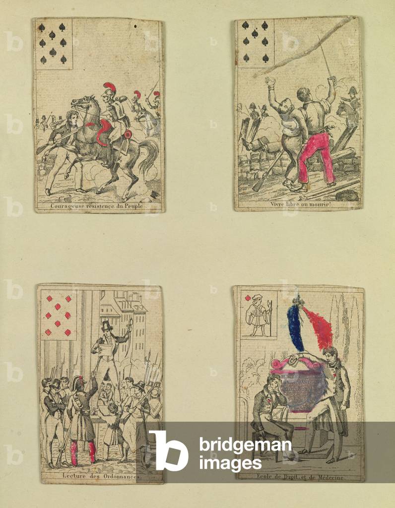 Four playing cards commemorating the heros of July 1830, 1831 (coloured engraving)