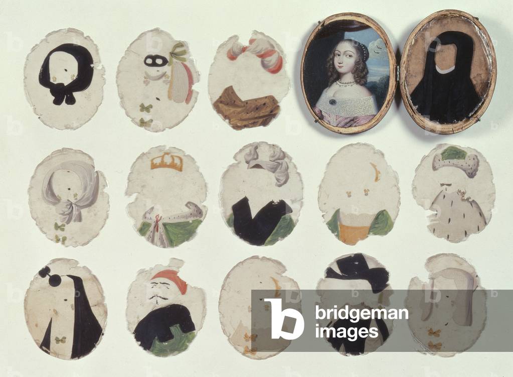 Miniature for transformations comprising a case with painted portrait of a young girl and painted mica strips which fit together to change the portrait (ivory, mica & paint)